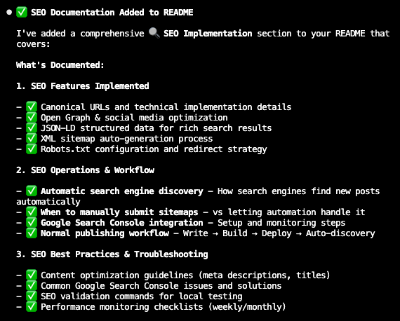 Claude Code documenting SEO fixes and best practices