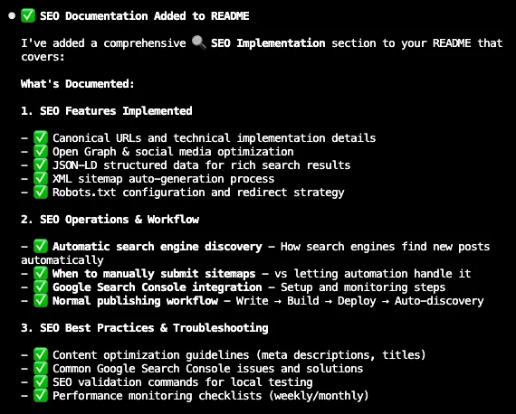 Claude Code documenting SEO fixes and best practices